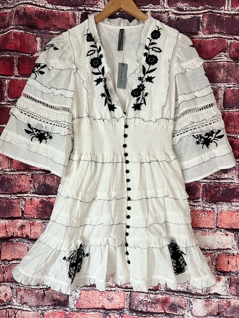 Anthropologie White Mini Dress with Black Floral Embroidery